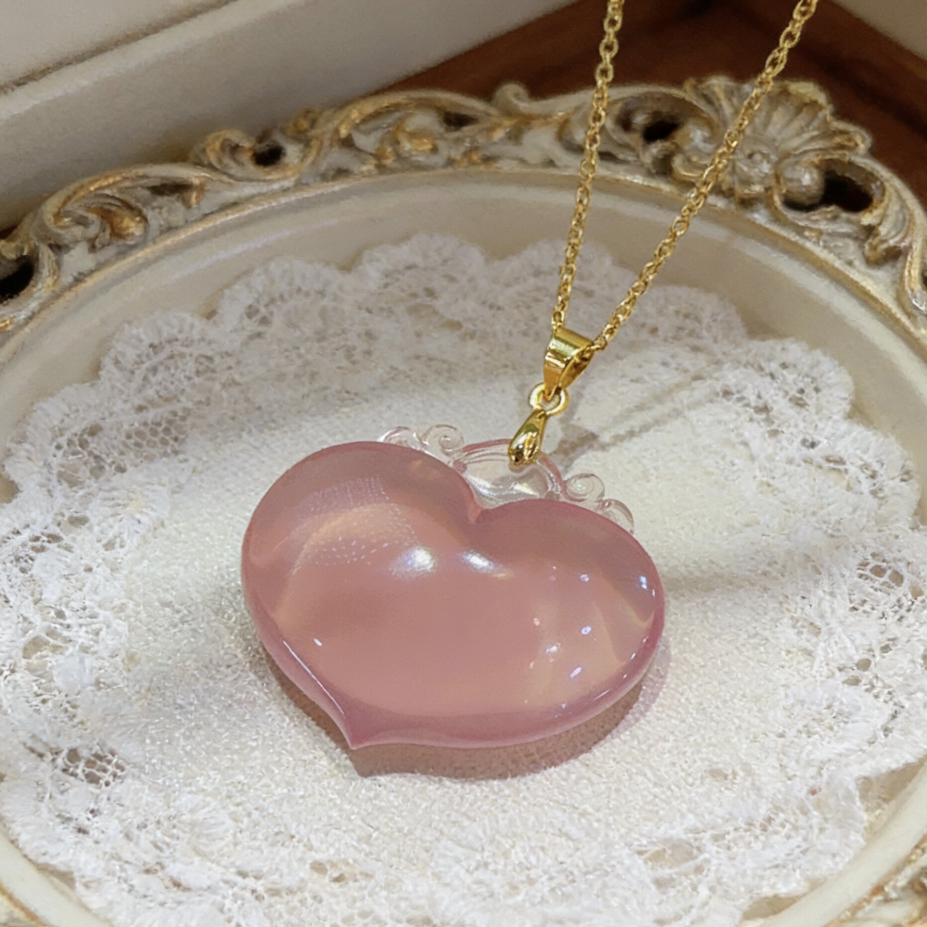【招桃花】正品天然粉晶爱心项链 925纯银锁骨链吊坠女饰品水晶