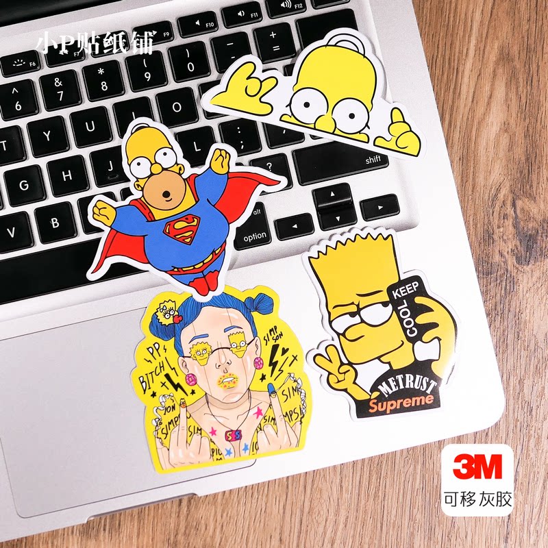 4枚辛普森动漫卡通人物贴纸笔记本平板滑板吉他贴纸贴画灰胶无痕