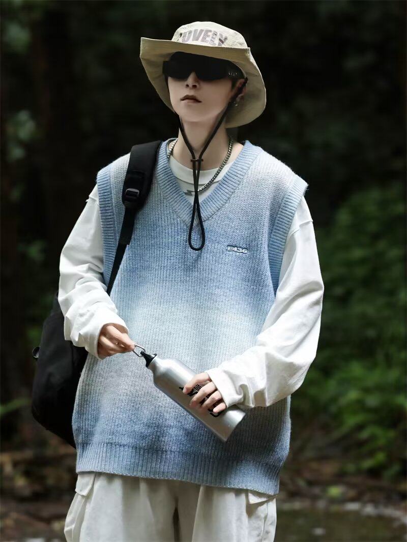 Gradient V-neck embroidered knitted pullover with vest sweater XZ307-MY2335-P55_voghion.com