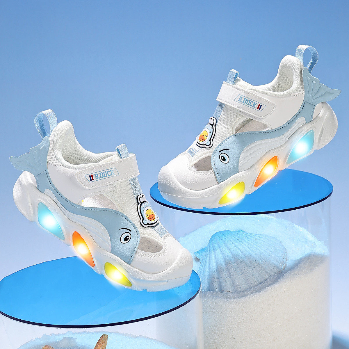 BDuck童鞋男童亮灯包头凉鞋夏新款闪灯鞋女孩户外防滑带灯沙滩鞋