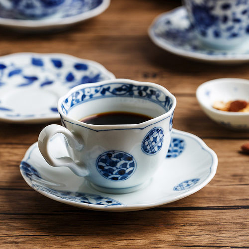 日本进口 蓝凛堂蓝色花卉咖啡杯碟 古典红茶杯 釉下彩下午茶杯碟