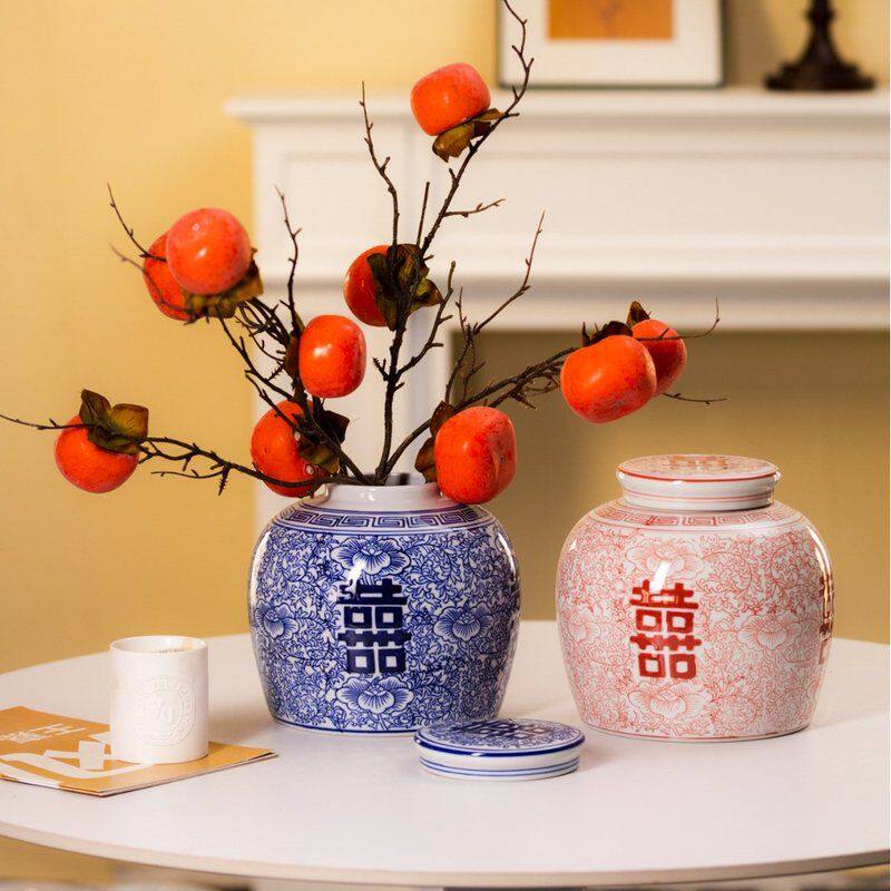 景德镇陶瓷喜字青花罐仿古茶叶罐喜字储物罐新中式婚礼手绘喜坛子