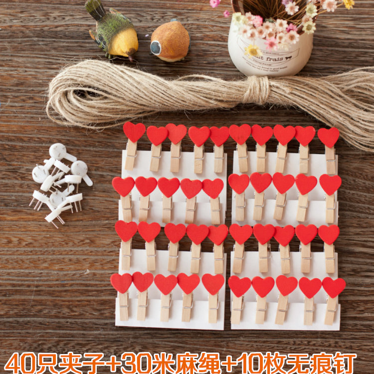 包邮 麻绳照片墙小夹子 红色心形木头夹子  创意木质相片夹装饰绳