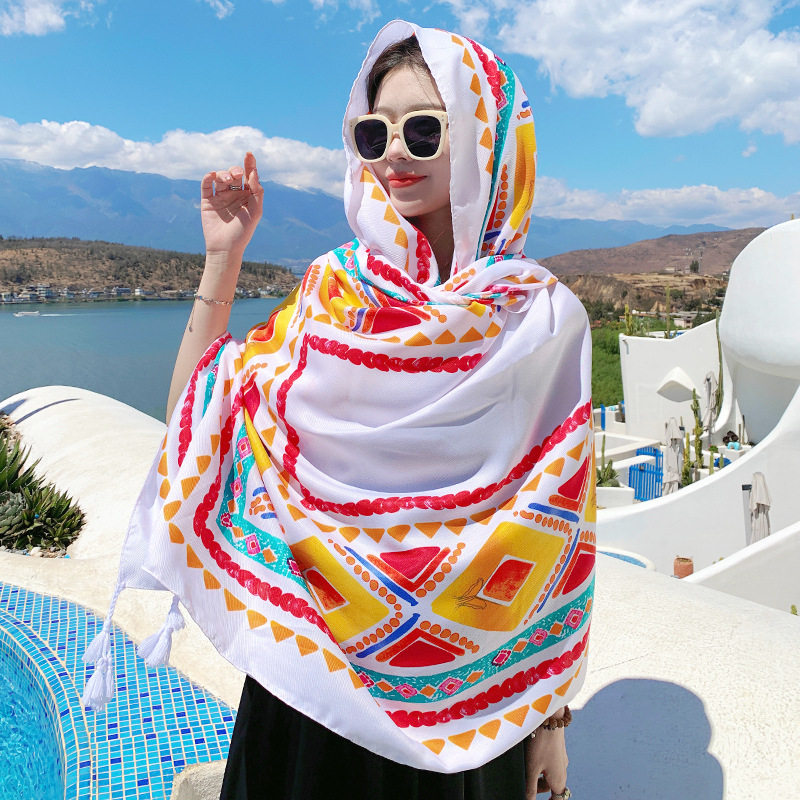 海边度假披肩围巾丝巾女夏季旅游防晒民族风薄款沙滩拍照纱巾披风