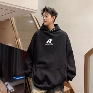 美式双纽扣连帽卫衣男女大码春秋季薄款overize宽松套头上衣