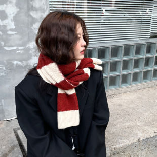 仿羊毛~红色条纹围巾女生冬季针织韩系in风高级感保暖围脖学生