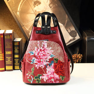 新款民族风真皮双肩包2026新款复古刺绣小众设计休闲多功能包中式