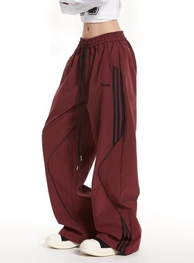 红色机能休闲裤男女美式复古街头痞帅春秋季弯刀裤潮牌条杠运动裤