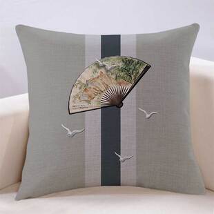 新中式简洁国风扇子客厅沙发抱枕车载办公座椅靠枕卧室床头大靠包