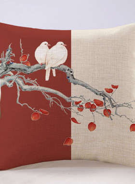 古典现代新中式花鸟红色抱枕大号中国风棉麻沙发靠垫书房民宿靠背