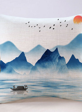 新中式山水蓝色意境客厅沙发抱枕质感纹理水墨样板房高档订制靠背