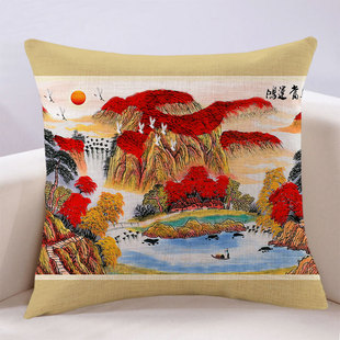 鸿运当头国画山水画客厅居家抱枕沙发靠垫床上午睡亚麻中式 大靠背