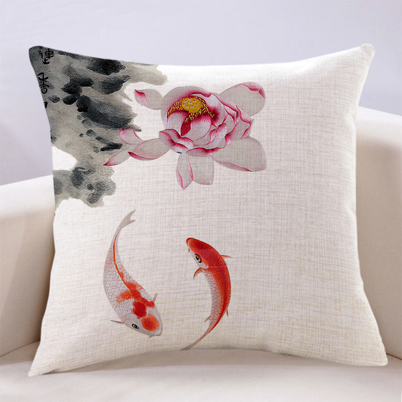 新中式水墨荷花锦鲤抱枕靠垫套亚麻客厅午睡腰枕书房客栈茶楼靠包,居家布艺,靠垫/抱枕,淘宝优惠券,粉丝福利购,淘宝优惠卷