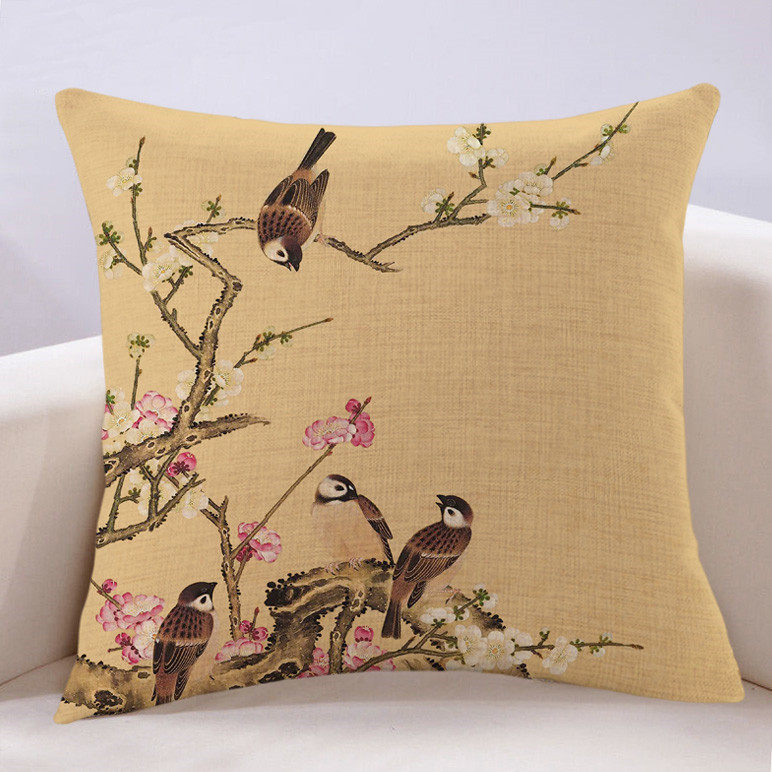 新中式花鸟沙发靠垫抱枕黄色禅意花卉红木沙发靠枕茶楼民宿亚麻枕,居家布艺,靠垫/抱枕,淘宝优惠券,粉丝福利购,淘宝优惠卷
