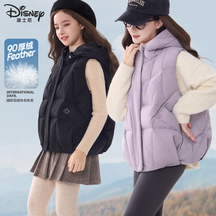 Disney女童羽绒马甲秋冬新款儿童连帽休闲外搭青少年保暖童装