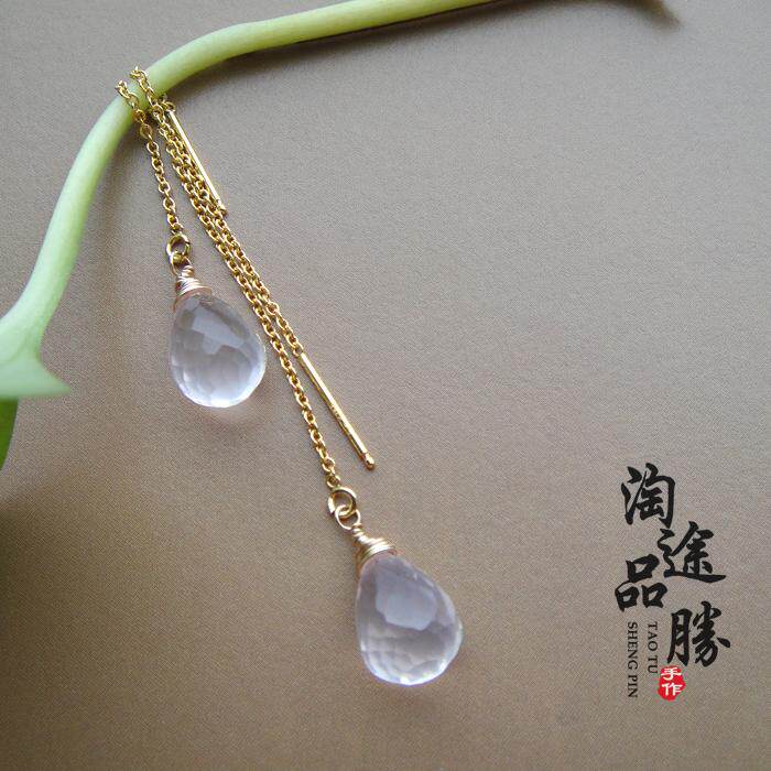 胖玻璃球原创设计14K金粉晶手工耳环森系新品古韵风个性清雅耳线