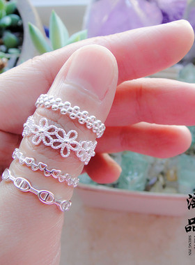 S925纯银蕾丝花边爱心锗鼻镂空圆珠开口戒指环简约个性百搭叠戴