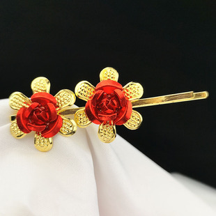闽南喜庆金色大红花夹春花对花婚庆庆典嫁娶头花合金发夹金属红花
