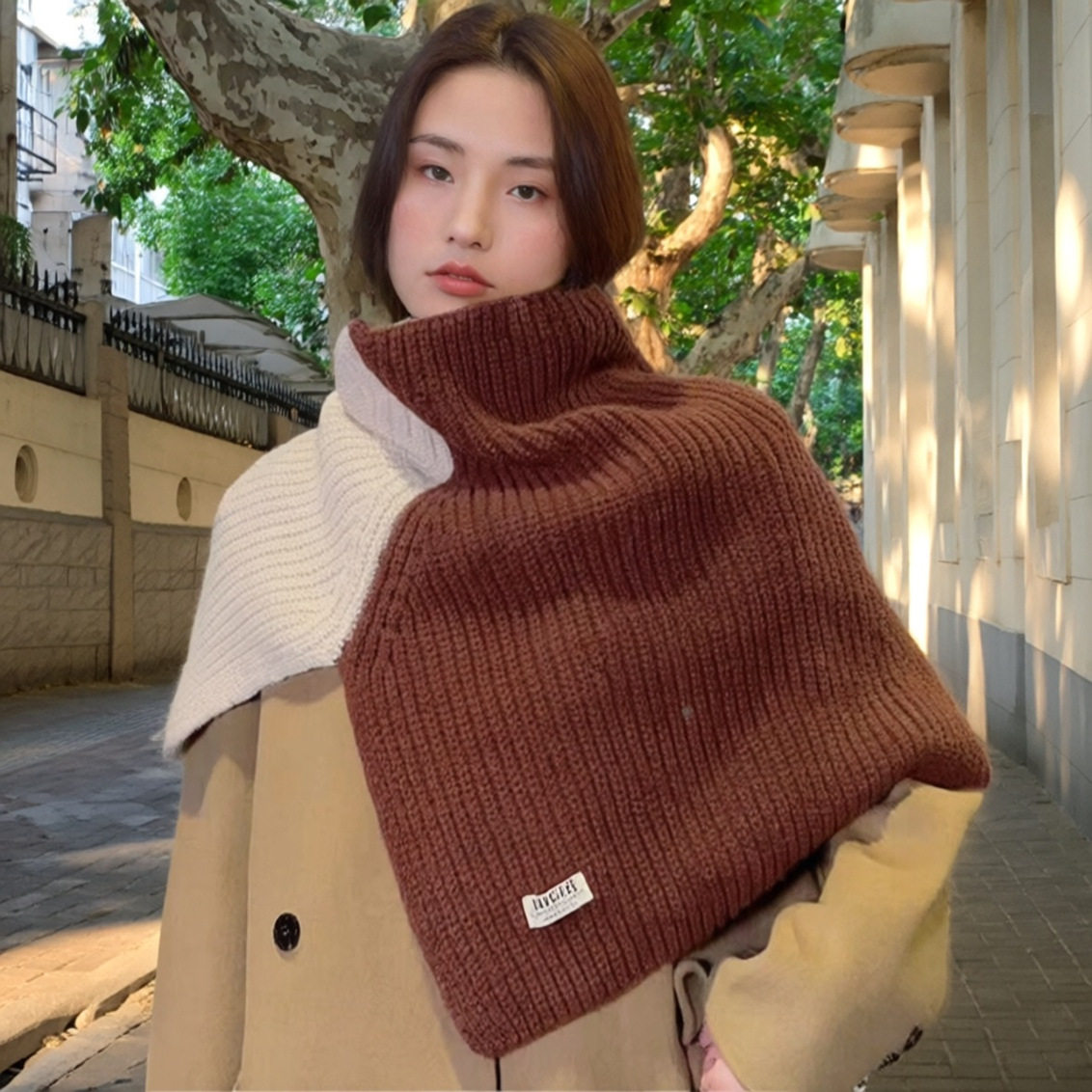 韩版开叉套头针织纯色毛线围脖披肩女秋冬拼色百搭高领围脖套女
