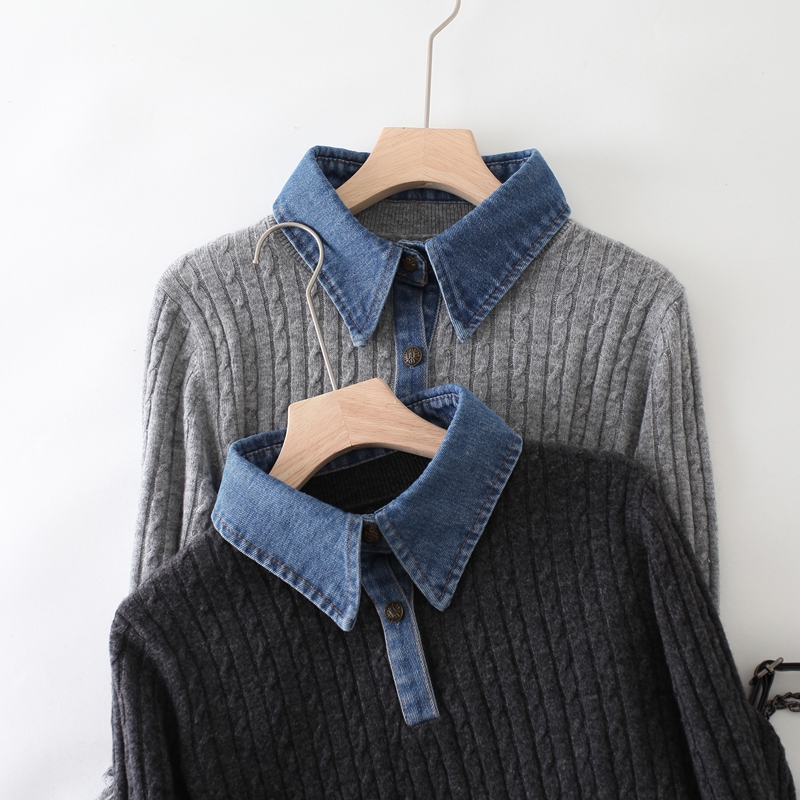 时髦不费力叠搭假两件牛仔拼接翻领宽松绞花羊毛针织衫上衣毛衣女