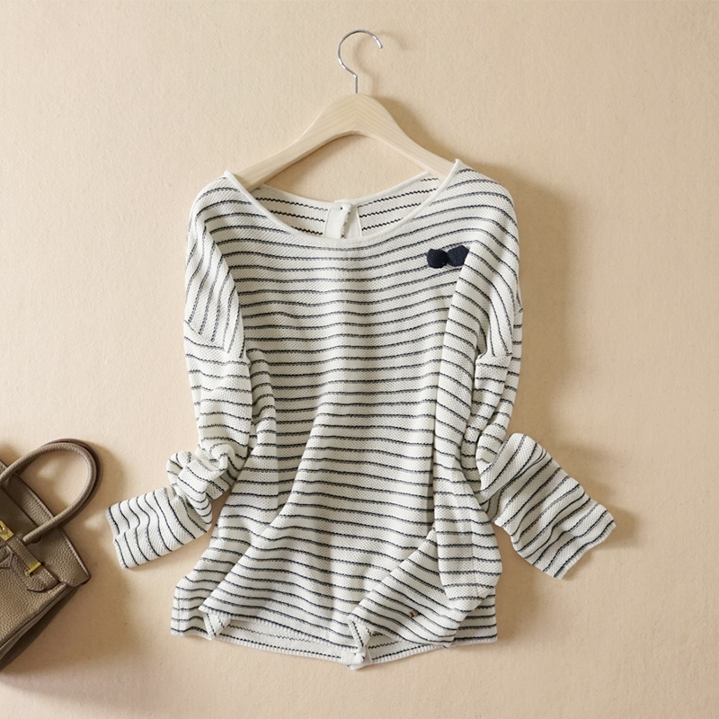 2025春季新款 减龄洋气简约条纹羊毛针织后背扣套头打底衫上衣女