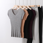 V领薄款 简约洋气手感舒适云朵感18针无缝水溶羊毛短袖 针织衫 上衣