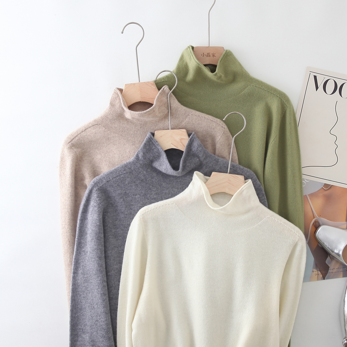 小磊家 绵羊毛+羊绒亲肤舒适无缝一体气质堆堆领内搭针织打底衫女