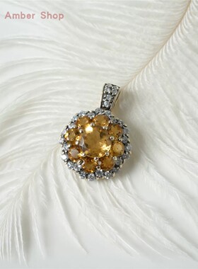中古回流 925银镶嵌 天然黄水晶 花朵款 吊坠 配证书