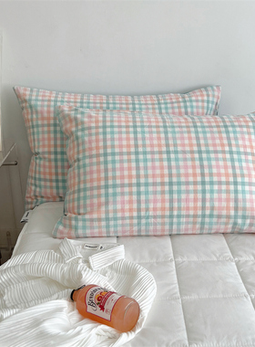 日式水洗棉枕套 无印素色格子全棉纯棉麻粗布单人4874枕头套枕巾