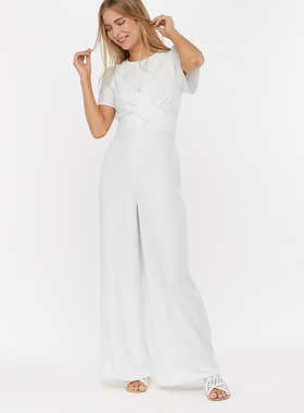 MN简洁大方新品短袖交叉系带白色高腰直筒阔腿长裤连体裤