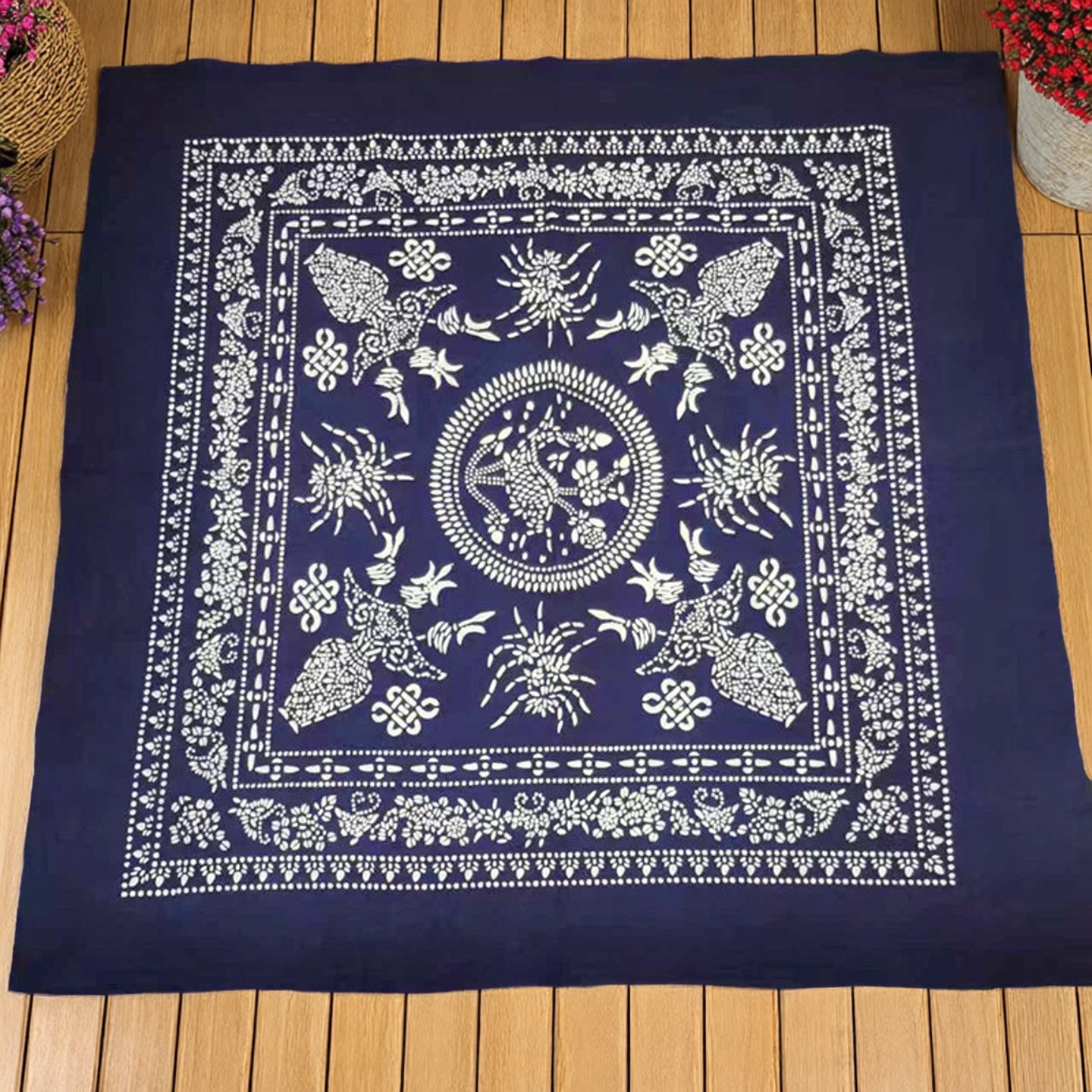手工染蓝印花方桌布复古130*130CM 全棉印花小餐桌台布花开富贵