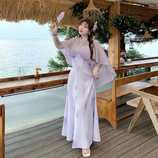 素连衣裙改良旗袍女夏季 紫藤旗袍中华风汉元 原创 硬糖大码