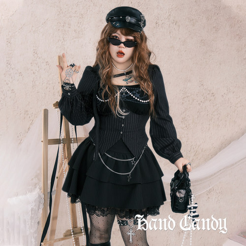 暗黑竖纹衬衣蛋糕裙套装