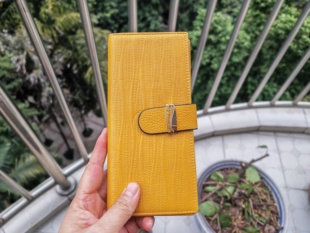 女士真皮钱包长款搭扣钱夹黄色韩版潮时尚新款头层牛皮皮夹