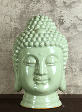 汝瓷释迦摩尼佛头工艺品装饰汝窑新中式如来佛祖佛首书房展示风水