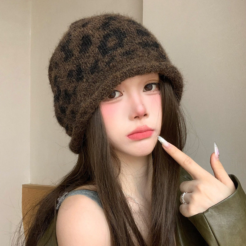 秋冬大头围豹纹冷帽时尚百搭防寒保暖毛线针织帽女包头护耳堆堆帽