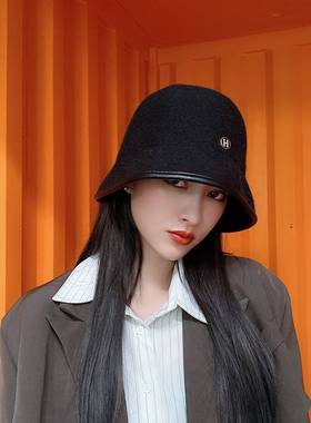 帽子女秋冬韩版百搭日系水桶帽潮牌显脸小H标时尚洋气盆帽渔夫帽