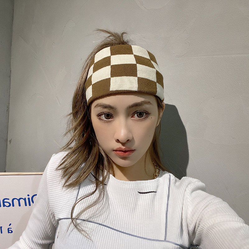 INS棋盘格子网红发带女帅气酷潮头箍黑白针织毛线宽边秋冬发饰