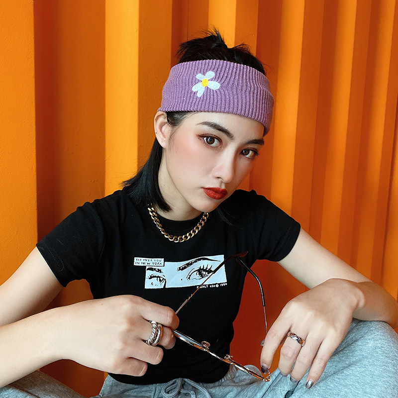 网红花朵刺绣针织发带休闲宽边弹力毛线头套女韩国ins小雏菊发箍