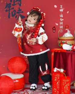 茉胭原创 锦兔团团①兔耳朵拜年服 刺绣加绒男女童装裤子套装