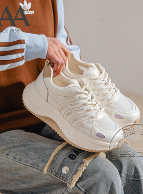 AAA女鞋牛剖皮合成革拼接薄透肉网面鞋厚底中跟系带清凉休闲鞋