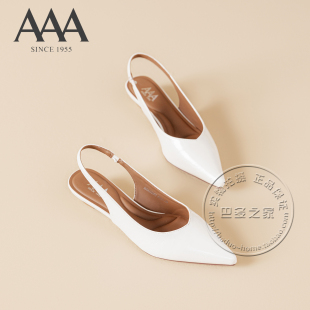 凉鞋 AAA女鞋 合成革V领口坡跟低跟素面纯色尖头包趾包头时装