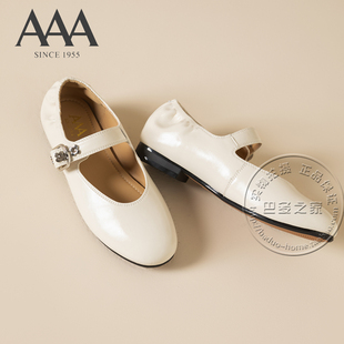 AAA女鞋牛剖皮合成革小花孔扣一字带松紧后帮玛丽珍低跟浅口单鞋