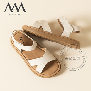 AAA女鞋合成革粗带交叉带中空平底露趾魔术贴简约纯色舒适凉鞋