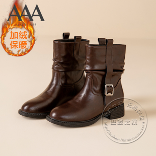 AAA女鞋合成革细纹面竖带皮带扣双侧拉环低跟加绒里中筒靴皮鞋
