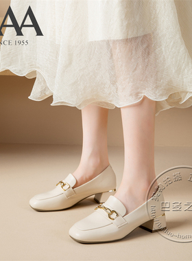 AAA女鞋合成革中口复古懒人鞋乐福鞋英伦方头金属扣中跟皮鞋单鞋