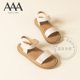 AAA女鞋合成革纯色皮面一字带中空平底魔术贴休闲简约露趾凉鞋