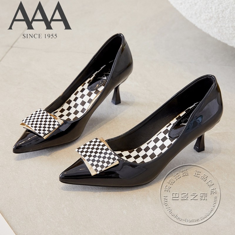 aaa女鞋pu皮鞋漆皮亮面细高跟鞋金属方片尖头浅口黑白棋盘格单鞋
