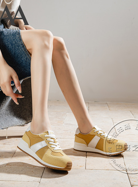AAA女鞋合成革裂纹面拼接织物面低坡跟拼色德训鞋芒果鞋系带板鞋
