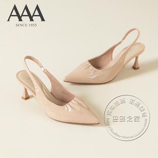 AAA女鞋合成革抓皱尖头漆皮亮皮面细跟高跟鞋包头纯色时装凉鞋